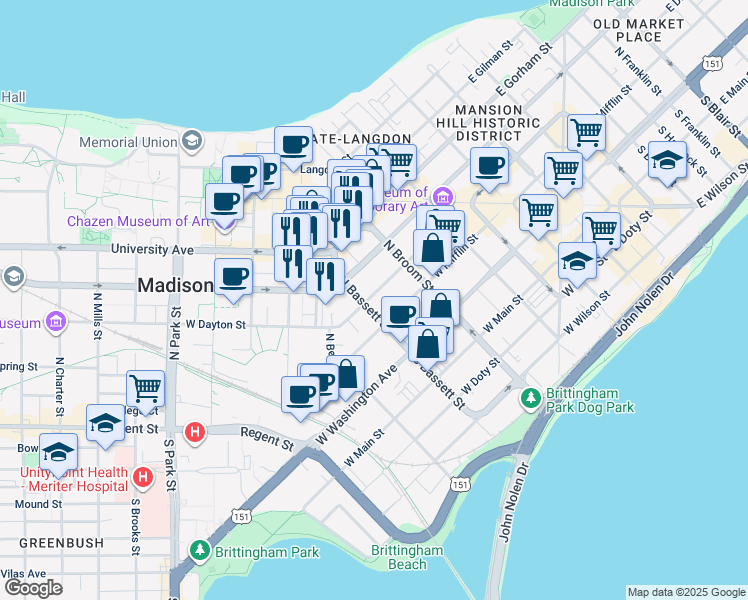 map of restaurants, bars, coffee shops, grocery stores, and more near 445 West Dayton Street in Madison