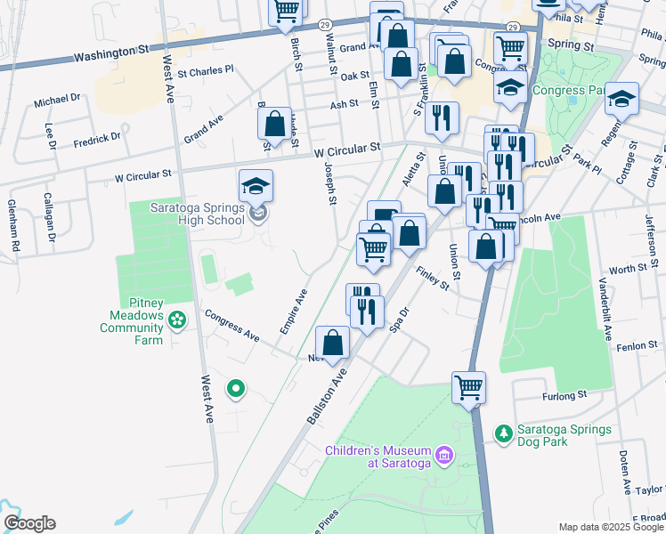 map of restaurants, bars, coffee shops, grocery stores, and more near 2 Joseph Street in Saratoga Springs