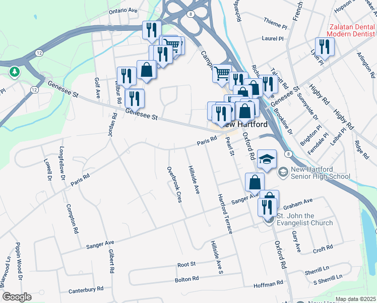 map of restaurants, bars, coffee shops, grocery stores, and more near 31 Old Paris Road in New Hartford