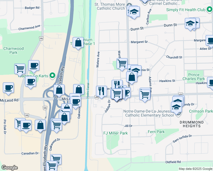 map of restaurants, bars, coffee shops, grocery stores, and more near 7150 Richmond Crescent in Niagara Falls