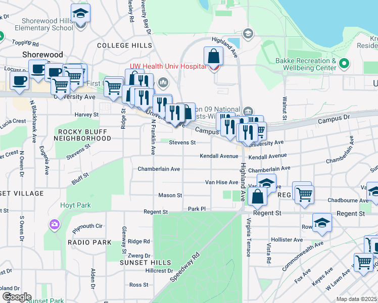 map of restaurants, bars, coffee shops, grocery stores, and more near 2640 Chamberlain Avenue in Madison