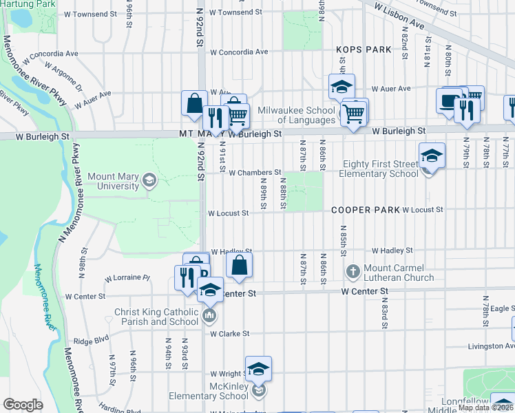 map of restaurants, bars, coffee shops, grocery stores, and more near 2856 North 90th Street in Milwaukee