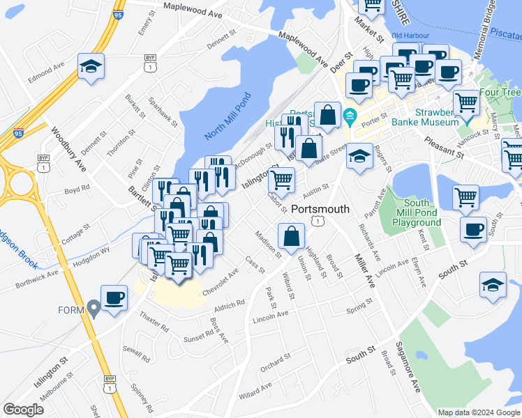 map of restaurants, bars, coffee shops, grocery stores, and more near 87 Union Street in Portsmouth