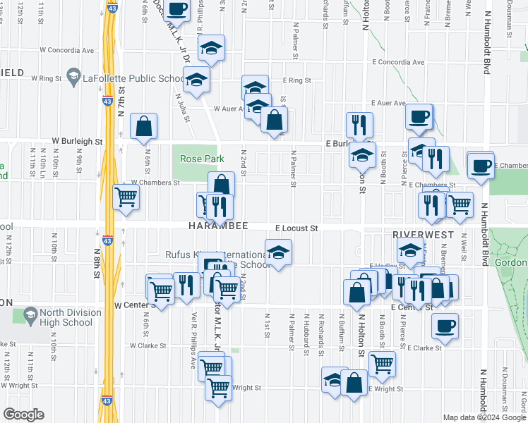 map of restaurants, bars, coffee shops, grocery stores, and more near 2923 North 1st Street in Milwaukee