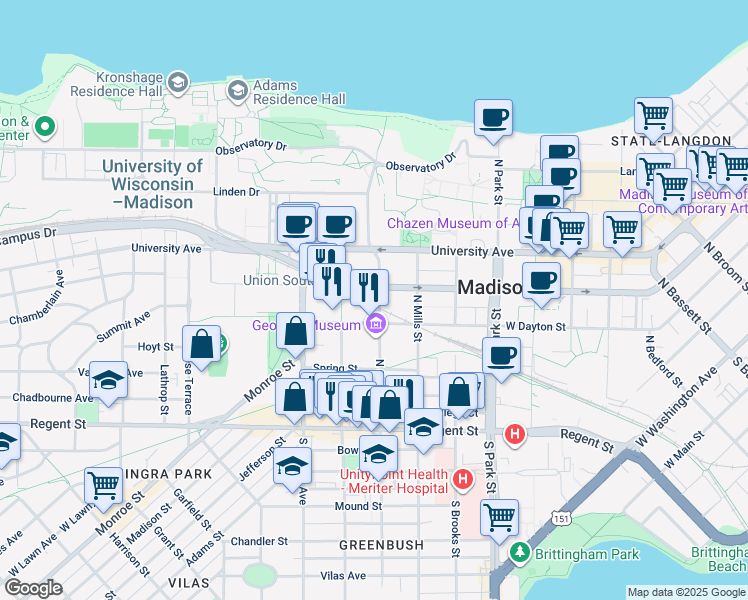 map of restaurants, bars, coffee shops, grocery stores, and more near 222 North Charter Street in Madison