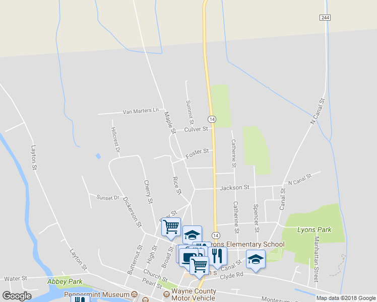 map of restaurants, bars, coffee shops, grocery stores, and more near 3 Foster Street in Lyons