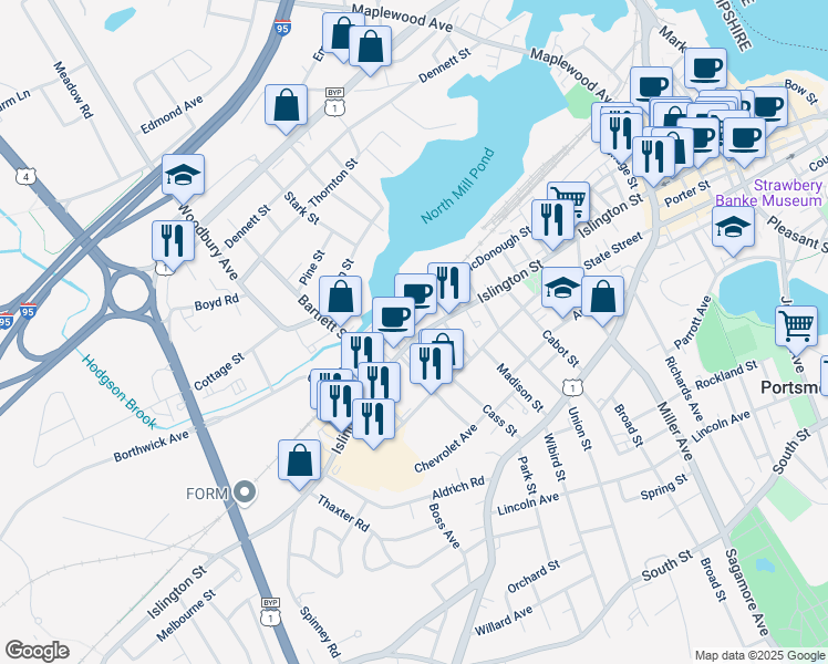 map of restaurants, bars, coffee shops, grocery stores, and more near 105 Bartlett Street in Portsmouth