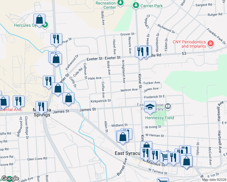 map of restaurants, bars, coffee shops, grocery stores, and more near 213 Roby Avenue in East Syracuse