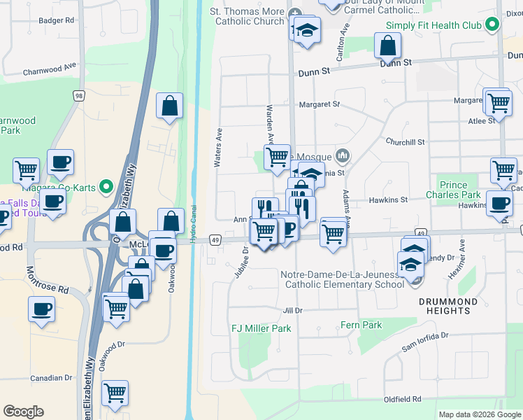 map of restaurants, bars, coffee shops, grocery stores, and more near in Niagara Falls