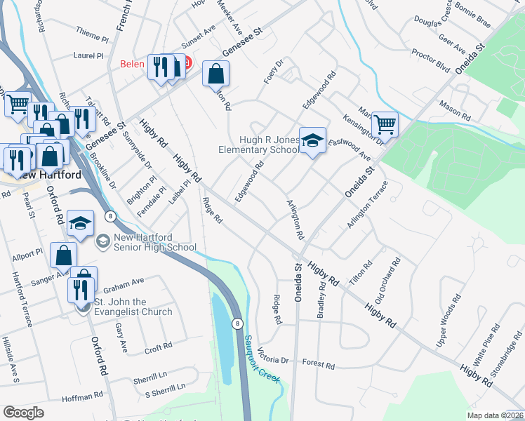 map of restaurants, bars, coffee shops, grocery stores, and more near 135 Farmington Road in Utica