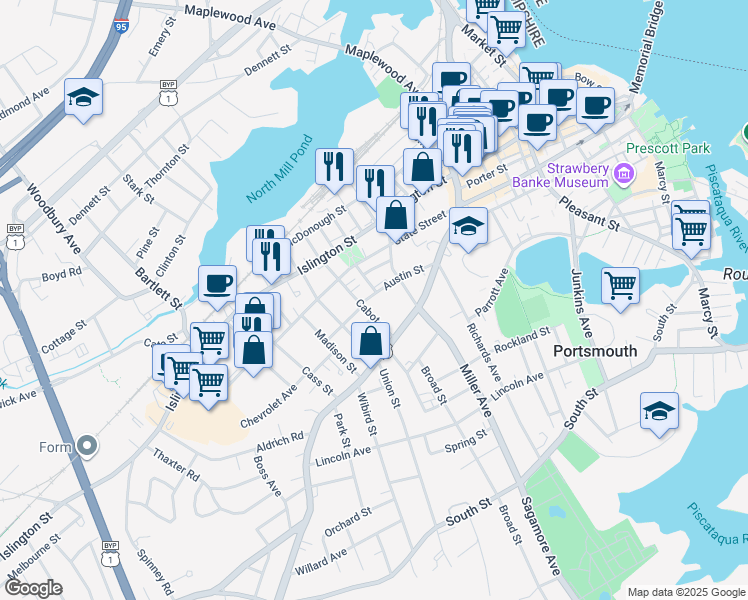 map of restaurants, bars, coffee shops, grocery stores, and more near 98 Summer Street in Portsmouth