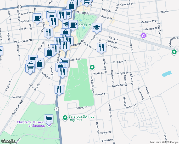 map of restaurants, bars, coffee shops, grocery stores, and more near 12 Vanderbilt Avenue in Saratoga Springs