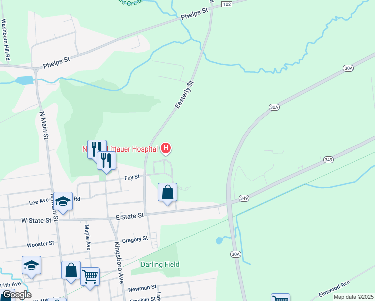 map of restaurants, bars, coffee shops, grocery stores, and more near 50 Easterly Street in Gloversville