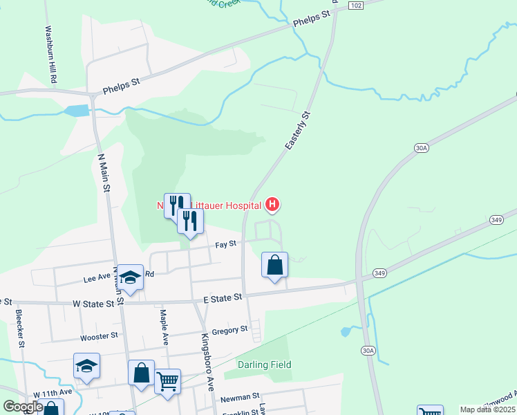 map of restaurants, bars, coffee shops, grocery stores, and more near 44 Easterly Street in Gloversville
