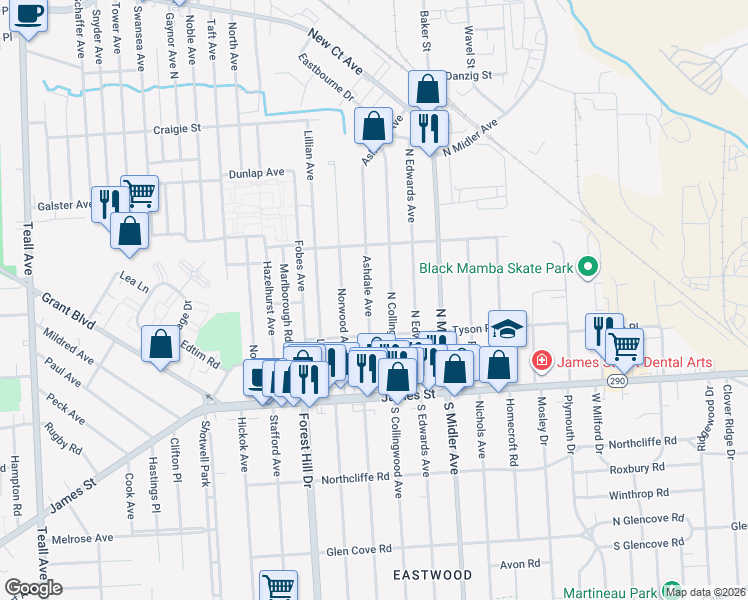 map of restaurants, bars, coffee shops, grocery stores, and more near 260 Ashdale Avenue in Syracuse