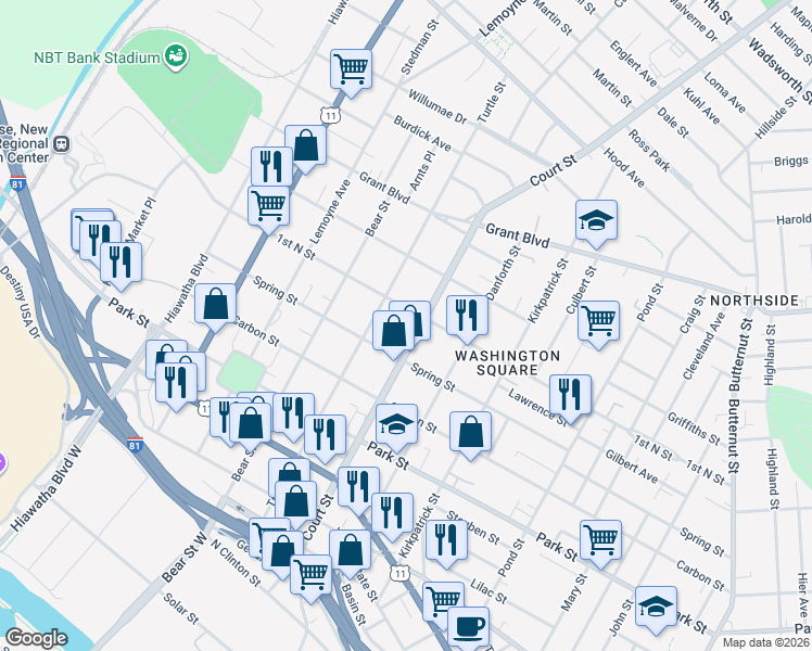 map of restaurants, bars, coffee shops, grocery stores, and more near 1212 1st North Street in Syracuse