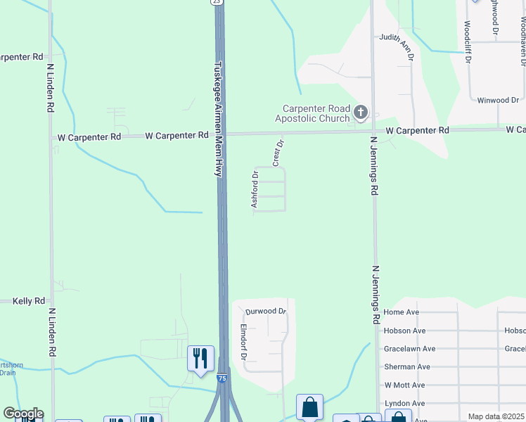map of restaurants, bars, coffee shops, grocery stores, and more near 129 Pine Bluff in Flint
