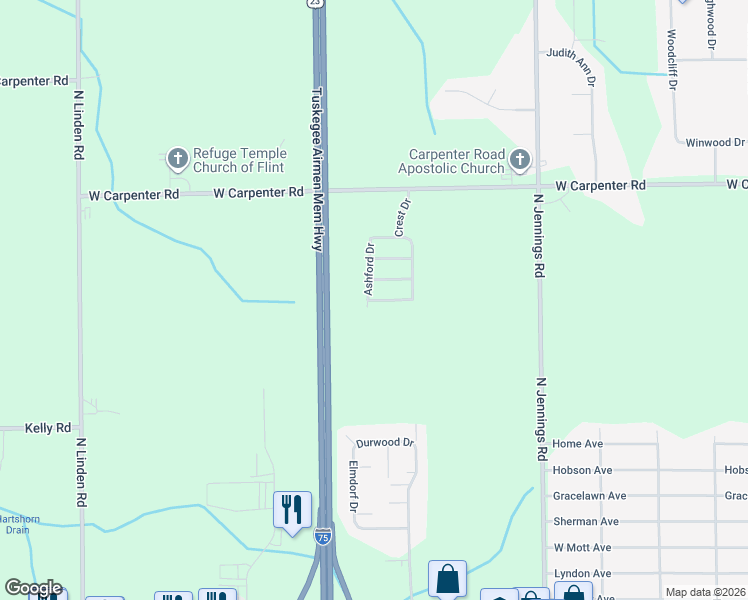 map of restaurants, bars, coffee shops, grocery stores, and more near 129 Pine Bluff in Flint