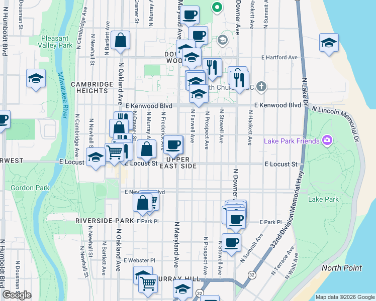 map of restaurants, bars, coffee shops, grocery stores, and more near 2963 North Farwell Avenue in Milwaukee