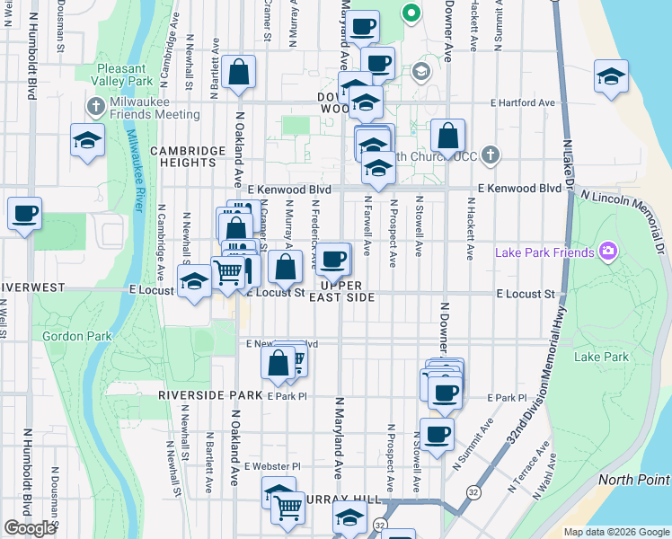 map of restaurants, bars, coffee shops, grocery stores, and more near 2971 North Maryland Avenue in Milwaukee