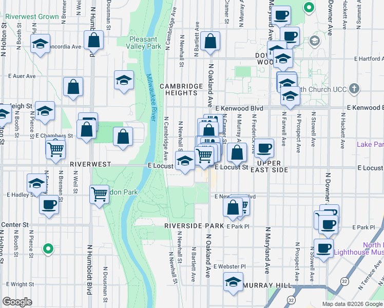map of restaurants, bars, coffee shops, grocery stores, and more near 2973 North Bartlett Avenue in Milwaukee