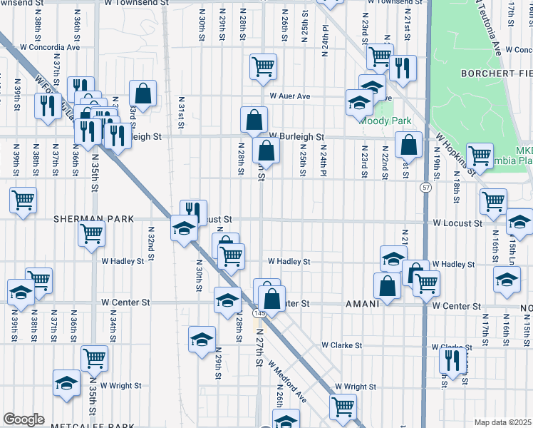 map of restaurants, bars, coffee shops, grocery stores, and more near 2943 North 26th Street in Milwaukee