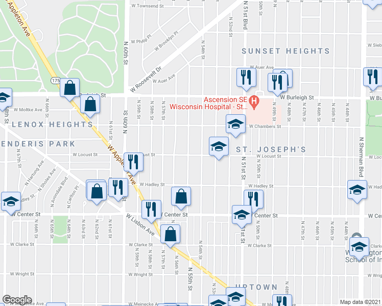 map of restaurants, bars, coffee shops, grocery stores, and more near 2939 North 55th Street in Milwaukee