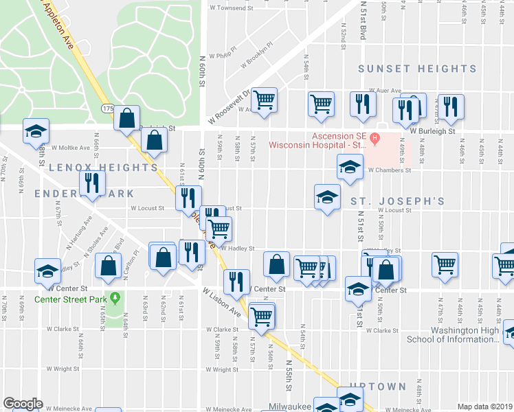 map of restaurants, bars, coffee shops, grocery stores, and more near 2936 North 57th Street in Milwaukee