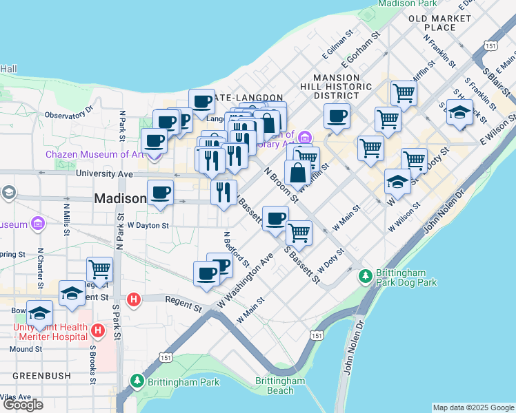 map of restaurants, bars, coffee shops, grocery stores, and more near 445 West Dayton Street in Madison