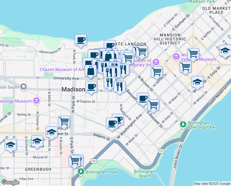 map of restaurants, bars, coffee shops, grocery stores, and more near in Madison