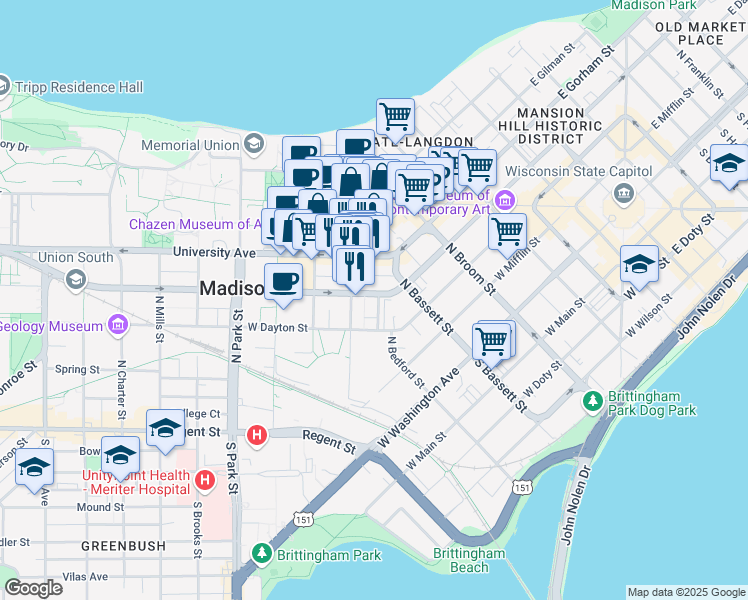 map of restaurants, bars, coffee shops, grocery stores, and more near in Madison