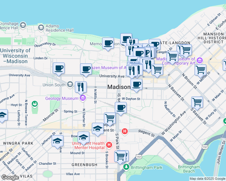 map of restaurants, bars, coffee shops, grocery stores, and more near in Madison