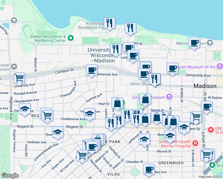 map of restaurants, bars, coffee shops, grocery stores, and more near 1550 Engineering Drive in Madison