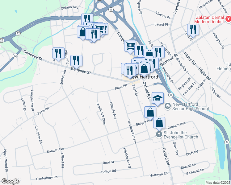 map of restaurants, bars, coffee shops, grocery stores, and more near 23 Old Paris Road in New Hartford