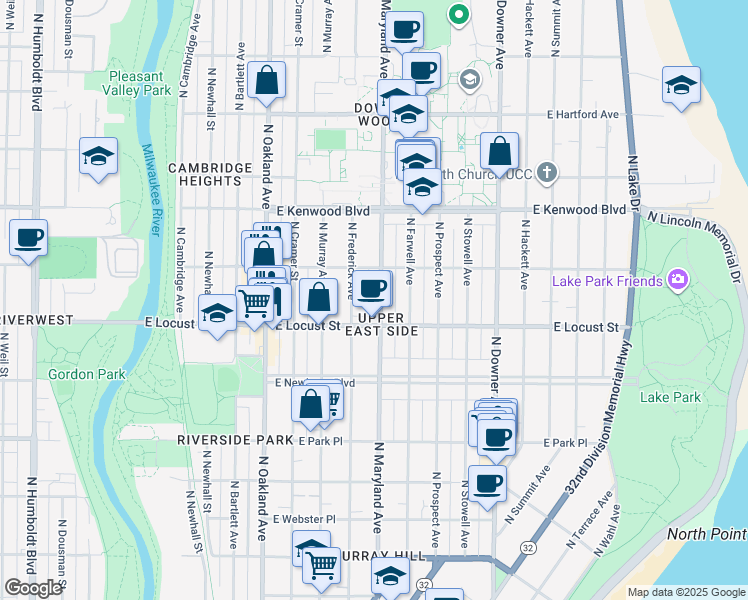 map of restaurants, bars, coffee shops, grocery stores, and more near 2971 North Maryland Avenue in Milwaukee