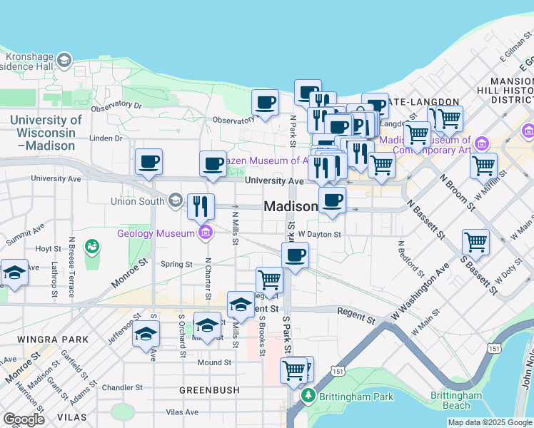 map of restaurants, bars, coffee shops, grocery stores, and more near 219 North Brooks Street in Madison