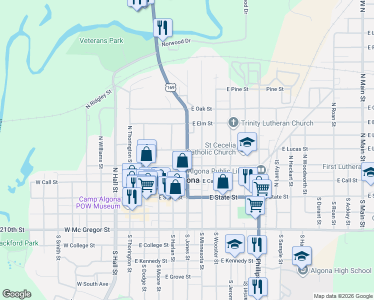map of restaurants, bars, coffee shops, grocery stores, and more near 400 North Jones Street in Algona