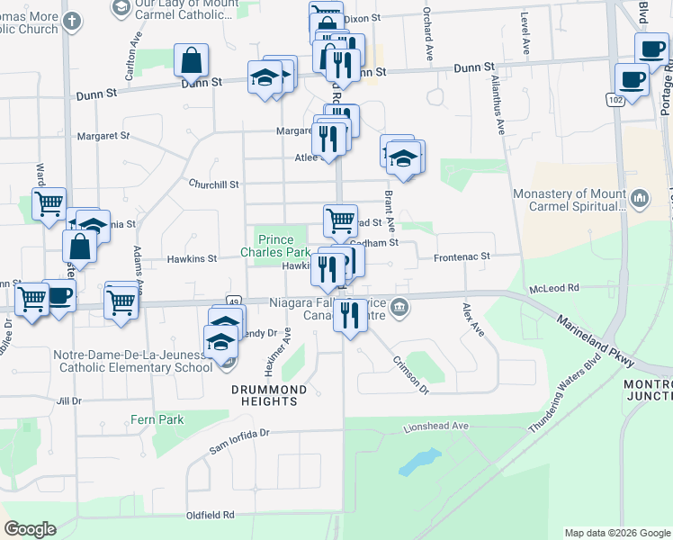 map of restaurants, bars, coffee shops, grocery stores, and more near 6222 Hawkins Street in Niagara Falls