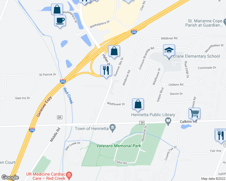 map of restaurants, bars, coffee shops, grocery stores, and more near 2100 Hylan Drive in Rochester