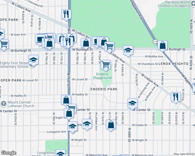 map of restaurants, bars, coffee shops, grocery stores, and more near 2929 North 72nd Street in Milwaukee