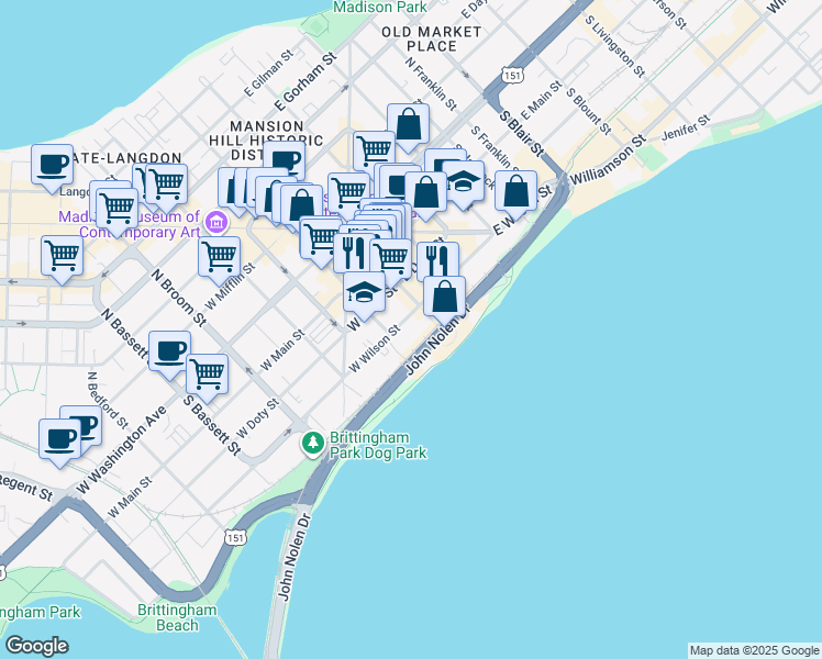 map of restaurants, bars, coffee shops, grocery stores, and more near 210 Martin Luther King Junior Boulevard in Madison