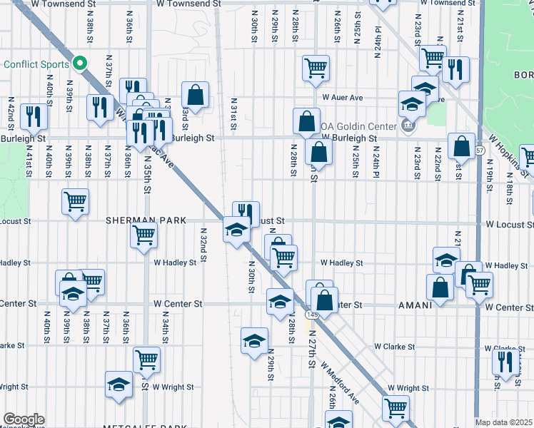 map of restaurants, bars, coffee shops, grocery stores, and more near 2940 North 29th Street in Milwaukee