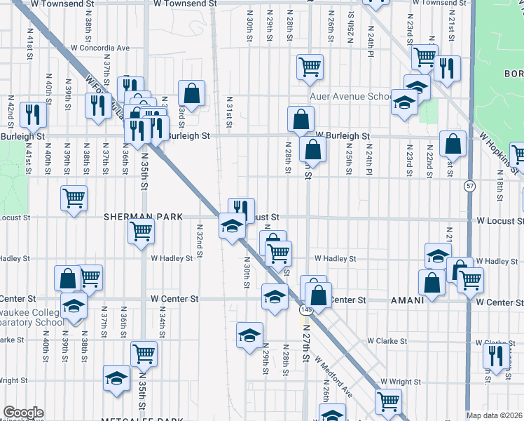 map of restaurants, bars, coffee shops, grocery stores, and more near 2940 North 29th Street in Milwaukee