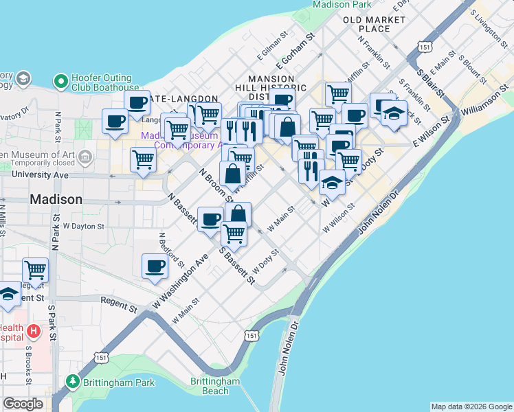 map of restaurants, bars, coffee shops, grocery stores, and more near 316 West Washington Avenue in Madison