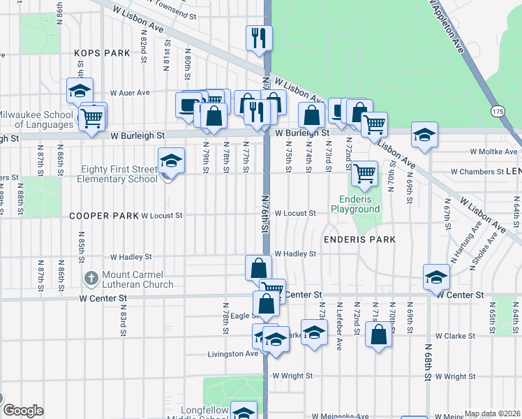 map of restaurants, bars, coffee shops, grocery stores, and more near 2905 North 76th Street in Milwaukee