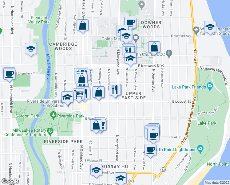map of restaurants, bars, coffee shops, grocery stores, and more near 2937 North Maryland Avenue in Milwaukee