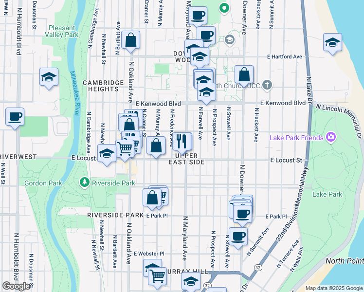 map of restaurants, bars, coffee shops, grocery stores, and more near 2971 North Maryland Avenue in Milwaukee