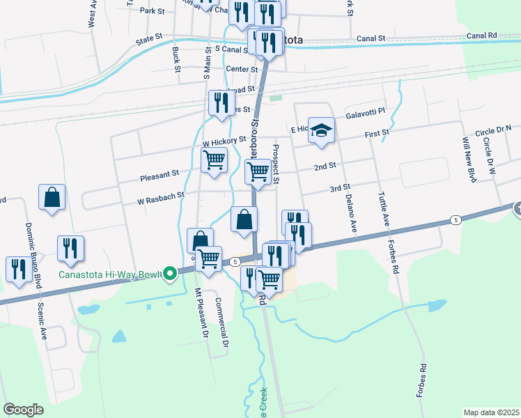 map of restaurants, bars, coffee shops, grocery stores, and more near 404 South Peterboro Street in Canastota