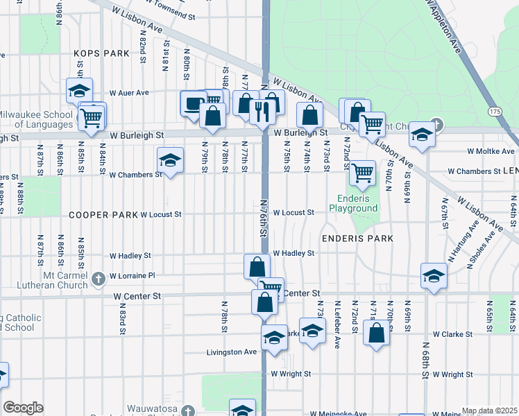 map of restaurants, bars, coffee shops, grocery stores, and more near 2905 North 76th Street in Milwaukee