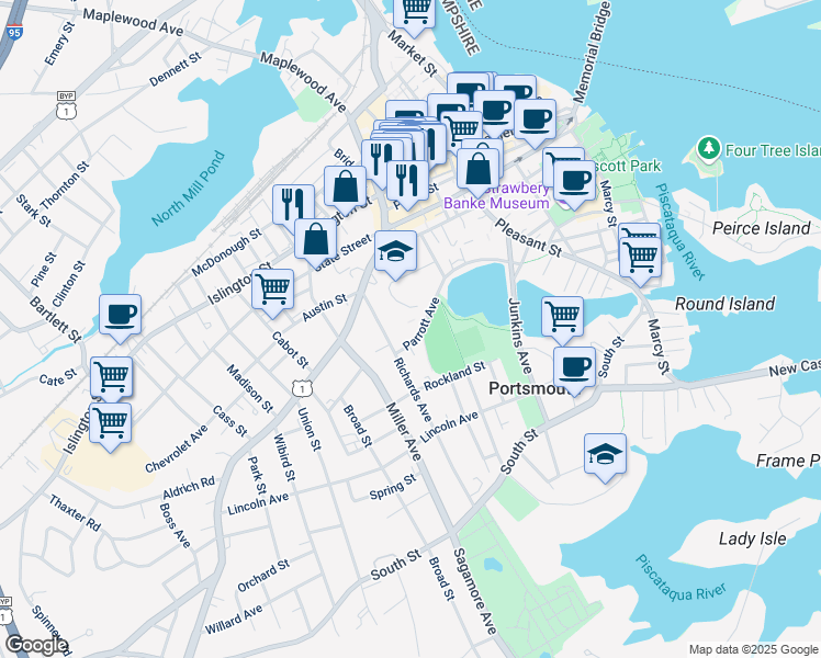 map of restaurants, bars, coffee shops, grocery stores, and more near 175 Parrott Avenue in Portsmouth